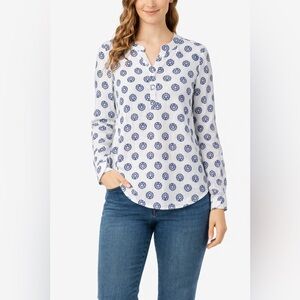 Talbots Linen Shirt Medium Petite White Blue Floral Roll Tab Top